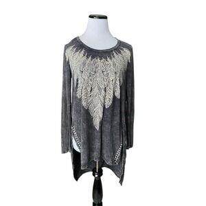 Y2K Grunge Feather Studded Tunic Top Size S Acid Wash Gray Dark Fairy Boho Edgy